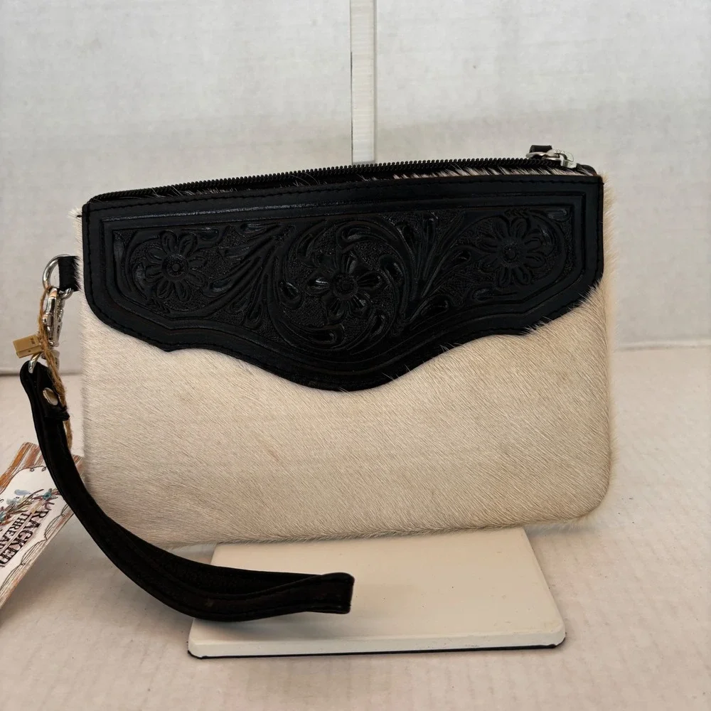 Cowhide Wristlet Women White Black Tooled‎ Leather Floral BohoNew Cowgirl